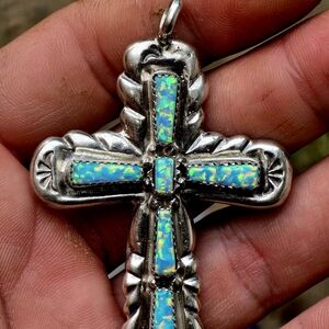 Authentic Vintage Native American Sterling Silver Cross Pendant With Fire Opal